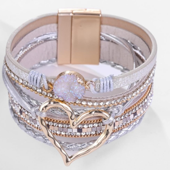 Silvertone Heart Rhinestone Accent Wrap Magnetic Closure Bracelet - Picture 3 of 5